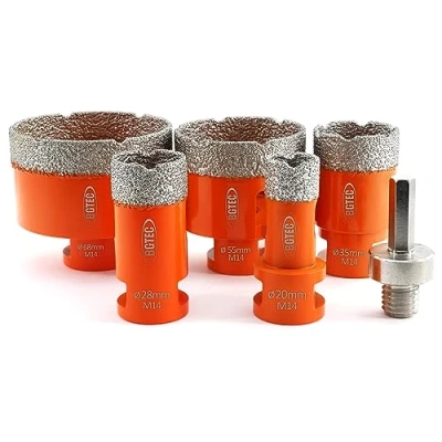 Immagine di BGTEC Set di 6 punte diamantate a secco, per piastrelle in porcellana, ceramica, marmo, mattoni, filettatura M14, diametro misto 20/28/35/55/68 mm, con 1 supporto esagonale M14
