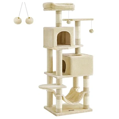 Immagine di Feandrea Albero per Gatti Alto 155 cm, Tiragraffi con 5 Pali Graffiatoi, 2 Posatoi, Grotte, Amaca, Pompon, in Peluche a Più Livelli, Beige PCT192M01