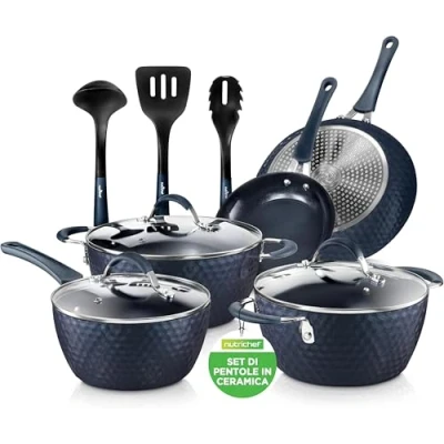 Immagine di Nutrichef Set di Pentole e Padelle Antiaderenti da 11 Pezzi Excilon per la Cucina, con Coperchi Utensili Liberi PTFE/PFOA/PFOS, Blu Diamante