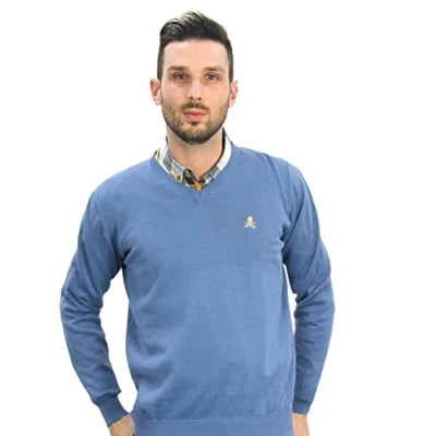 Immagine di Maglione Uomo Scollo A V in Cotone Manica Lunga di Marca Modello Basico per Vestire Maglia Sottile, azzurro, XXL
