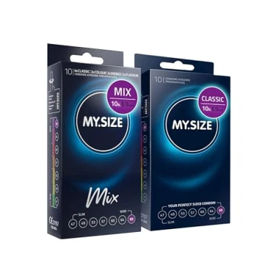 Immagine di MY.SIZE Mix SET misura 7, 69 mm: 10 preservativi Classic + in 4 varianti eccitanti, aromatici, colorati, con rilievi e classici