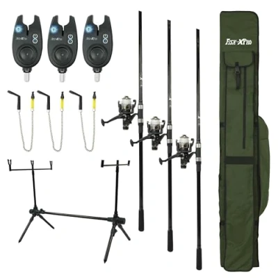 Immagine di Set per carpa FISH XPRO Attrezzatura da pesca completa carpisti 3 canne, mulinelli, segnalatori di abboccata, swingers e altro alta qualità principianti ed esperti Incluso borsone