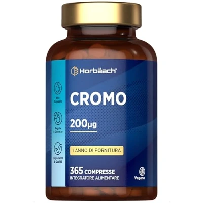 Immagine di Cromo Picolinato 200 mcg 365 Compresse Vegane Regola il Livello di Zuccheri nel Sangue Chromium Picolinate Integratore Alimentare ad Alto Dosaggio Horbaach