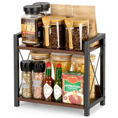 Immagine di ANBOXIT Organizzatore da Banco per Caffè, Caffè Piano di Lavoro, Cucina in Legno a 2 Livelli, Piccolo Scaffale Spezie Cucina, Ufficio, Casa Marrone