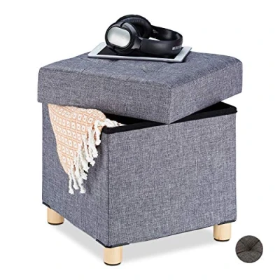 Immagine di Relaxdays 39 x 38 cm, Grigio Sgabello con Contenitore, Imbottitura Morbida, Trapuntata, Fodera di Stoffa HLP: 40 Gommapiuma