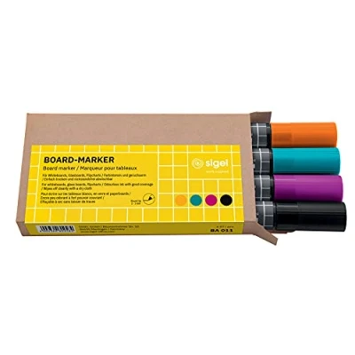 Immagine di SIGEL BA011 Marcatore per lavagna cancellabilecon un panno asciutto o umido 4 colori punta tonda 2 3 mm pezzi lavagne magnetiche in vetro bianco, bianche e flipchart