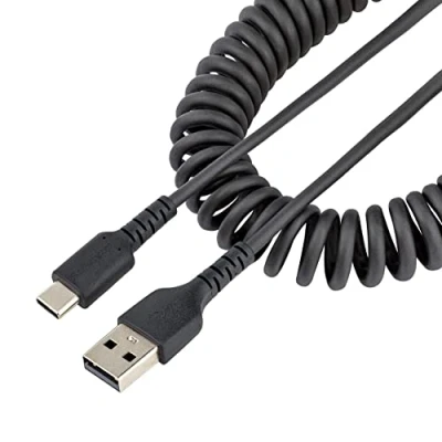 Immagine di StarTech.com Cavo USB C Ricarica Veloce da 50cm; Cavetto 2.0 Spiralato di Alimentazione e Sincronizzazione; Adattatore A/USB corto in Fibra Aramidica, M/M (R2ACC 50C CABLE), nero