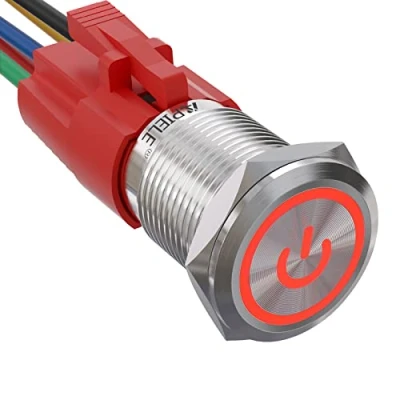 Immagine di APIELE interruttore a pressione da 16 mm, 12 VDC 5 A, in acciaio inox con simbolo di alimentazione LED, impermeabile, pulsante spina precablata, per auto, camion, barca,