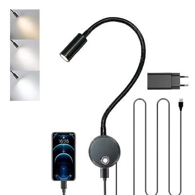 Immagine di YNDD 3W Applique da Parete interno, Lampada Lettura Muro Dimmerabile Touch con Porta di Ricarica USB, 3000K 6000K LED Luce Letto Flessibile a Collo Cigno Illuminazione Comodino Adattatori