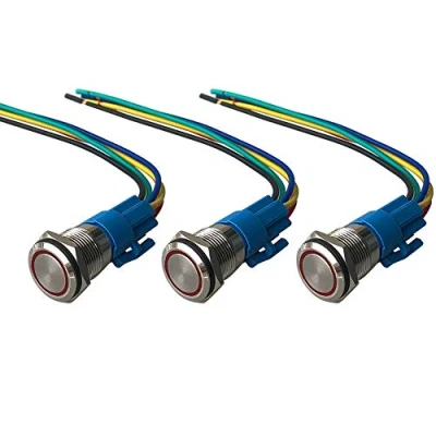 Immagine di QitinDasen 3Pcs Premium 12V / 24V 5A Interruttore a Pulsante Momentaneo, 16mm in Metallo con LED Rosso, Avviamento Auto Acciaio Inossidabile impermeabile