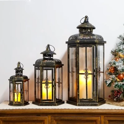 Immagine di JHY DESIGN Set di 3 lanterne decorative per candele da esterno, 50,8 cm, 35,6 e 25,4 in metallo, vintage, interni ed esterni, eventi, feste matrimoni (nero con pennello dorato)