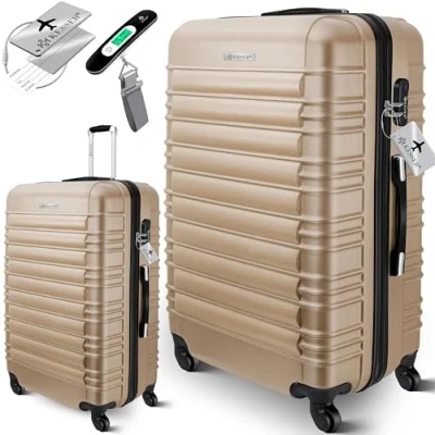 Immagine di KESSER® Valigia da viaggio, incl, Bilancia per bagagli + Etichetta bagagli, Trolley, Valigia, Serratura a combinazione, Guscio rigido in ABS, 75cm 120L / Champagne
