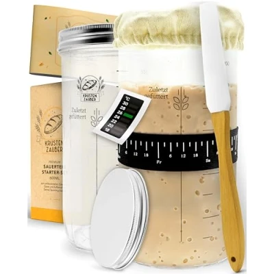 Immagine di KRUSTENZAUBER Set di base per lievito naturale, 1000 ml, con spatola e termometro, accessori la cottura del pane, vetro lievitato, fermentazione, kit avviamento Sourdough, contenitore in vetro,