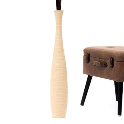 Immagine di Leewadee Grande Vaso Da Terra: Alto Stile Boho In Legno Di Mango Per Rami Pampa, 70 cm, Crema