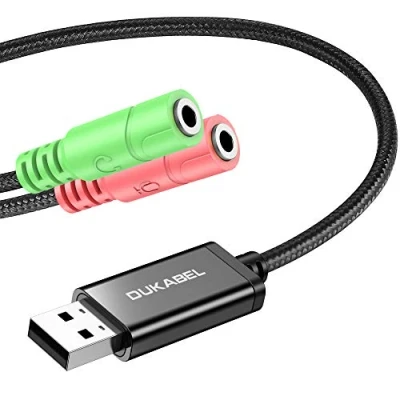 Immagine di DuKabel Adattatore USB per cuffie 1,2 m computer, laptop e PS4, spina presa jack TRS 2X 3,5 mm Scheda audio cuffie, altoparlanti microfono a 3 poli nero