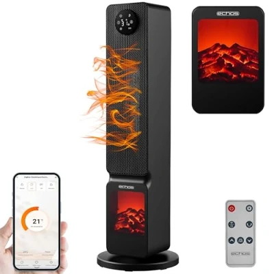 Immagine di termoventilatore con illusione camino a risparmio energetico, oscillante, protezione da surriscaldamento, 2000 Watt, 2 livelli controllabile tramite smartphone, app Tuya,