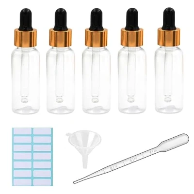 Immagine di 5 flaconi contagocce trasparenti da 30 ml, in plastica, per pipette di olio essenziale, ricaricabili, con pipetta misurata, imbuto ed etichette (nero + tappo oro)