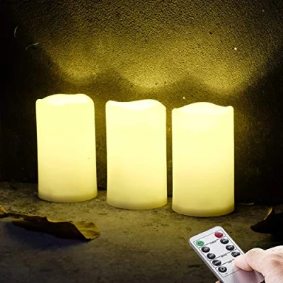 Immagine di Candele Impermeabili da Esterno a LED 3 Pezzi, Candela in plastica alimentata Batteria con Telecomando/Funzione Timer (Luce Bianca Calda) 8 cm x 12,5