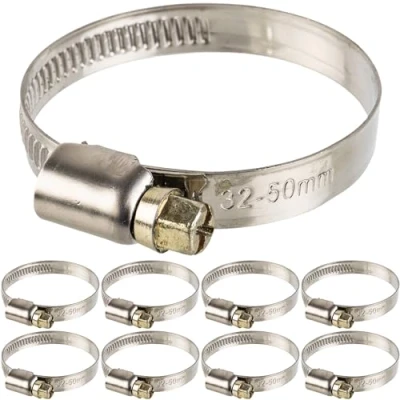 Immagine di Fascette stringitubo con vite senza fine, 8 pz, campo di serraggio Ø 32 50 mm, per tubi da 1 1/2&quot;, Acciaio inox W2, incavo a croce 7, larghezza banda 9 fissaggio lavatrici, attacco lavastoviglie