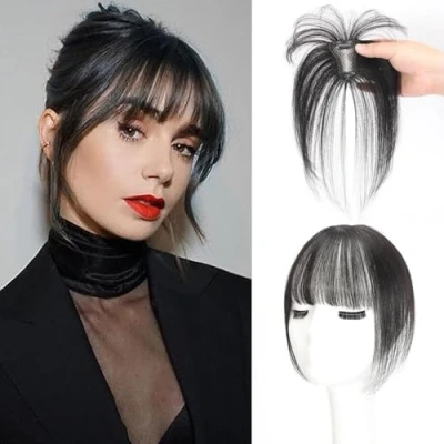 Immagine di frangia a 360 con clip, copertura 3D per capelli, 100% veri capelli umani, finta, uso quotidiano (marrone nero, 3D)