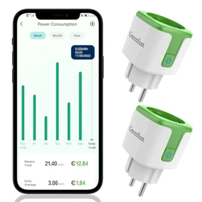 Immagine di GreenSun Presa Smart Alexa WIFI Intelligente 16A Compatibile Con Alexa, Telecomando Timer Plug Funzione di Consumo Energetico, 2 Pezzi