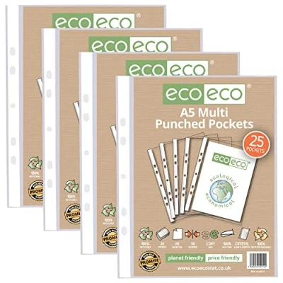 Immagine di eco Eco012x4 Foglio di protezione in 100% riciclato, formato A5, con fori multipli, trasparente, 45 micron (100 tasche)