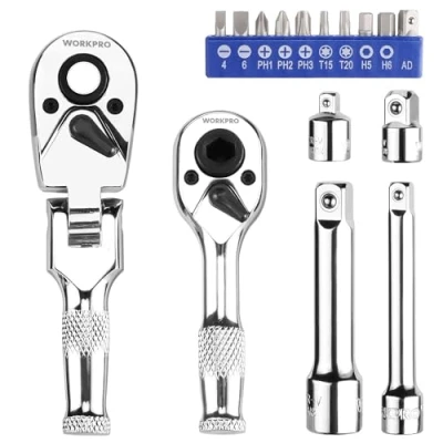 Immagine di WORKPRO Impugnatura a Cricchetto da 2 Pezzi, con 14 Accessori, Doppia 1/4&quot; Testa di Cacciavite, Chiave 3/8&quot; Flessibile, 72 Denti