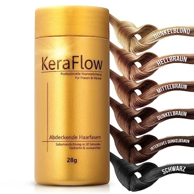 Immagine di KeraFlow PREMIUM Fibre capillari per l&#039;infoltimento dei Capelli voluminosi una capigliatura folta in pochi secondi Polvere capillare contro la calvizie 28g (Marrone chiaro)