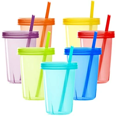 Immagine di Youngever 7 Pacchi Tazze di Plastica per Bambini con Coperchio e Cannuccia, riutilizzabili Cannuccia in Colori Assortiti