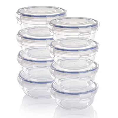 Immagine di Grizzly set contenitori per alimenti in plastica, 8 con coperchio, piatti, rotondi, impilabili, lavabili nel microonde e lavastoviglie