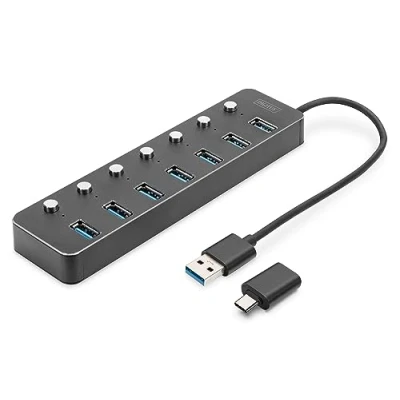 Immagine di DIGITUS Hub USB 3.0 a 7 porte fino 5 Gbps commutabili singolarmente incluso adattatore da C Plug &amp; Play alloggiamento in alluminio con alimentatore grigio scuro