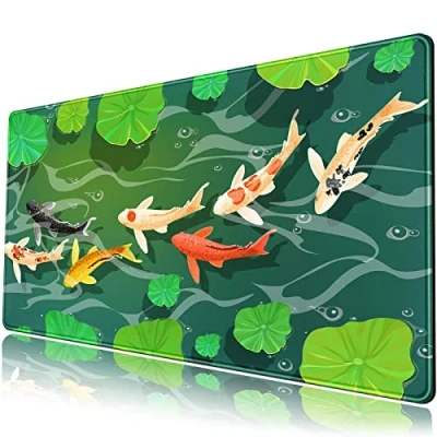 Immagine di tappetino da scrivania con design Koi Fish, grande per mouse gioco verde, completamente esteso scrivania, laptop e tastiera in stile giapponese, 80 x 40 cm, XL, base