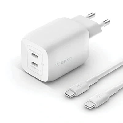Immagine di Belkin Doppio caricabatteria da parete USB C 65 W, cavo C/C incluso, ricarica rapida PD 3.0, caricatore con tecnologia GaN per iPhone 15, 14, 13, iPad, MacBook, Galaxy S24, Tab e altri