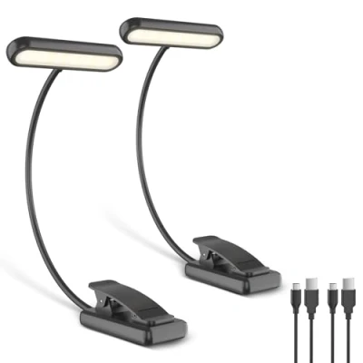 Immagine di iFalarila 2 Pezzi Luce da Lettura Ricaricabile con Cavo Tipo C, 12 LED Lampada Clip [3 Colore e 10 Luminosità] Lampade libro Letto Flessibile a Collo d&#039;oca Piccola per Bambini