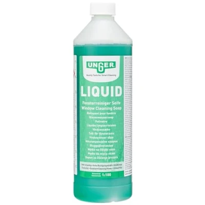 Immagine di UNGER Detergente liquido per vetri (1 litro, concentrato, rapporto di miscelazione 1:100, pH neutro, senza aloni, tappo sicurezza, scala dosaggio) FR100