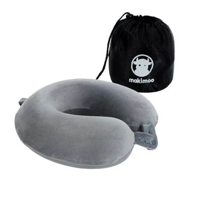 Immagine di Makimoo cuscino da viaggio in memory foam, per il collo con supporto, comodo e leggero, ideale dormire aereo, auto, treno, autobus uso domestico (Grigio)
