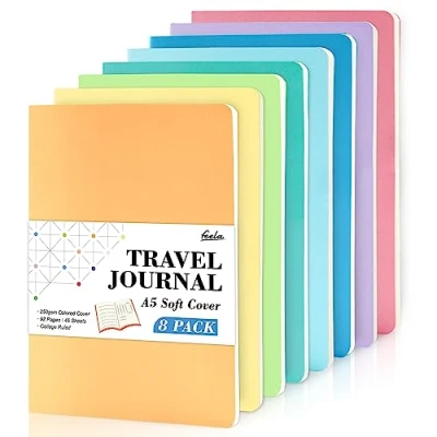 Immagine di feela Confezione da 8 quaderni con copertina morbida, formato A5, a righe, per donne e uomini, prendere appunti, appunti studio, materiale scolastico, esercizi, colori