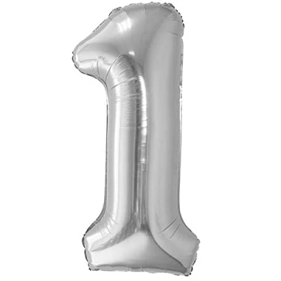 Immagine di Palloncino 1 Compleanno Numero Gigante Argento, XXL di 100 cm. Decorazione Compleanno. ad Aria o Elio.