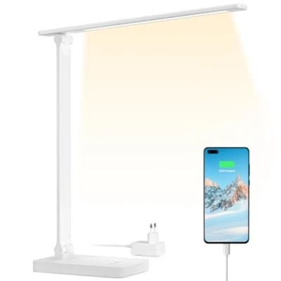 Immagine di Lepro Lampada da Tavolo LED 15W, Scrivania USB Ricaricabile, 3 Colori e 5 Livelli di Luminosità, Dimmerabile, 655LM Luce Lettura Protezione degli Occhi per Ufficio, Camera