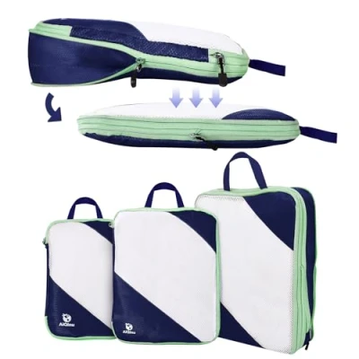 Immagine di AiQInu Organizer Valigia 3 Pezzi Set, Compressione Packing Cube Salvaspazio Espandibile Ultraleggero Viaggio, per i Vestiti,Scarpe,Intimo Set da Viaggio Zaini o Bagagli a Mano (Blu scuro)