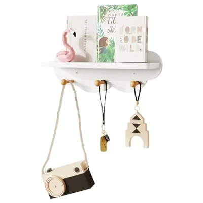 Immagine di WOLTU Mensola a Nuvola, per Cameretta dei Bambini con 3 Ganci, Scaffale da Muro Portaoggetti Bimbi, Decorazione Parete in Legno, 36x20,5x12cm, Colore Bianco
