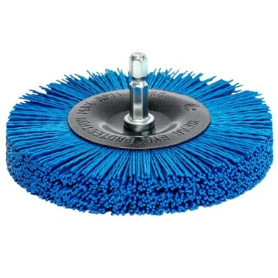 Immagine di S&amp;R Spazzola per Trapano e Smerigliatrice in Nylon MORBIDA pulire lucidare Legno Ferro Metalli Acciaio Fughe Piastrelle Pavimenti. rotonda 100 mm Codolo esagonale 1/4&quot; (6,35 mm)