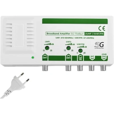 Immagine di ANFEL CMB 35 Amplificatore Antenna TV, Centrale Banda Larga, 2UHF, 1VHF/FM, 15 35db Regolabile, 115dBmV, per Digitale Terrestre DVB T/T2, con filtro 5G LTE, UHF 470 694Mhz, VHF/FM 47 230MHz