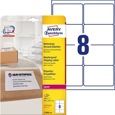Immagine di AVERY Zweckform L7993 25 etichette di spedizione resistenti alle intemperie, Stampabili, Autoadesive, per buste DIN B4 / C4, 99,1 x 67,7 mm, 200 totale, Bianco
