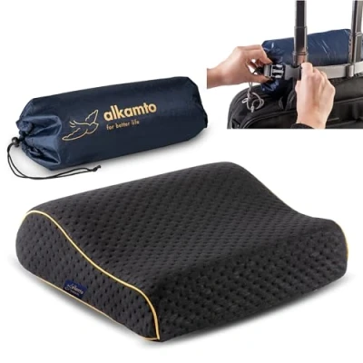 Immagine di alkamto Cuscino da viaggio Supporto ergonomico per il collo campeggio in memory foam con federa termoregolante Borsa impermeabile inclusa