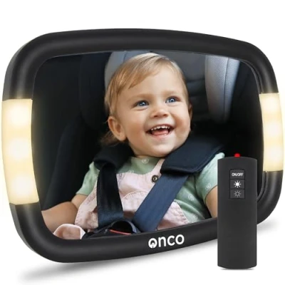Immagine di Onco Specchietto Retrovisore Bambini LED 2 Modalità di Luce Ambientale, 100% Infrangibile, Regolabile a 360 e Universale, Auto, Specchio Auto Neonato Sedile Posteriore