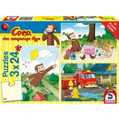 Immagine di Schmidt Cocco Spiele 56432 Coco Le Scimmie Curieux Divertente, 3 x 24 Pezzi Puzzle per Bambini Colorato, Colore