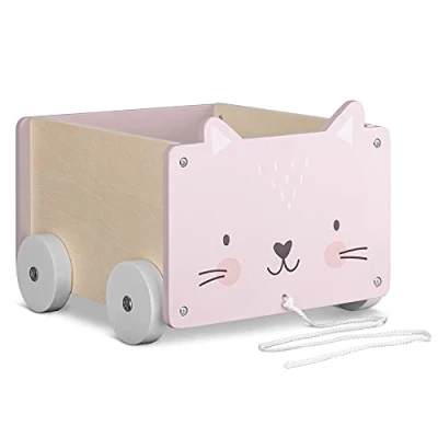 Immagine di Navaris Cesta Portagiochi Bambini con Ruote Contenitore Porta Giocattoli in Legno MDF Toys Box Rettangolare Giochi Bimbi 5,5l Design Gatto Rosa