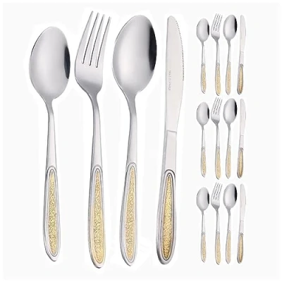 Immagine di 16 Pezzi Vintage Goffrato Placcato Oro Manico Cucina Acciaio Inossidabile Argenteria Posate Coltelli Forchette Cucchiai Set Per 4 Persone (Oro argento)