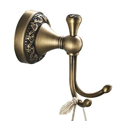 Immagine di WOMAO Accappatoio in ottone, gancio doppio asciugamano con intagli, costruzione ottone massiccio retro stile antico fissato al muro per cucina bagno